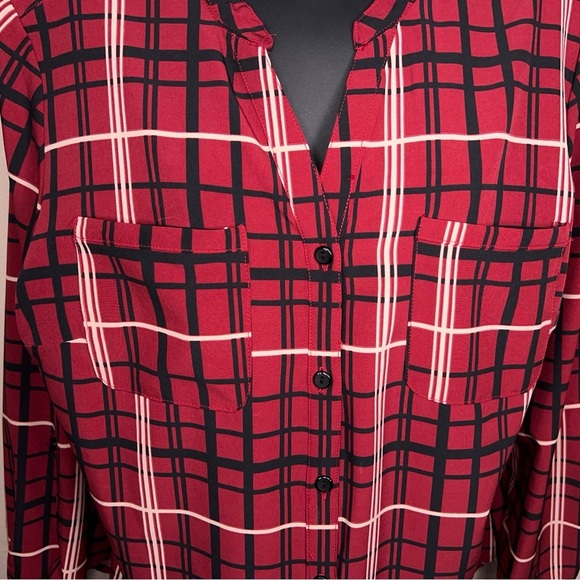 Petite XL Studio Works Red Black White Plaid Button Up Blouse Top Academia Vneck - Picture 4 of 11